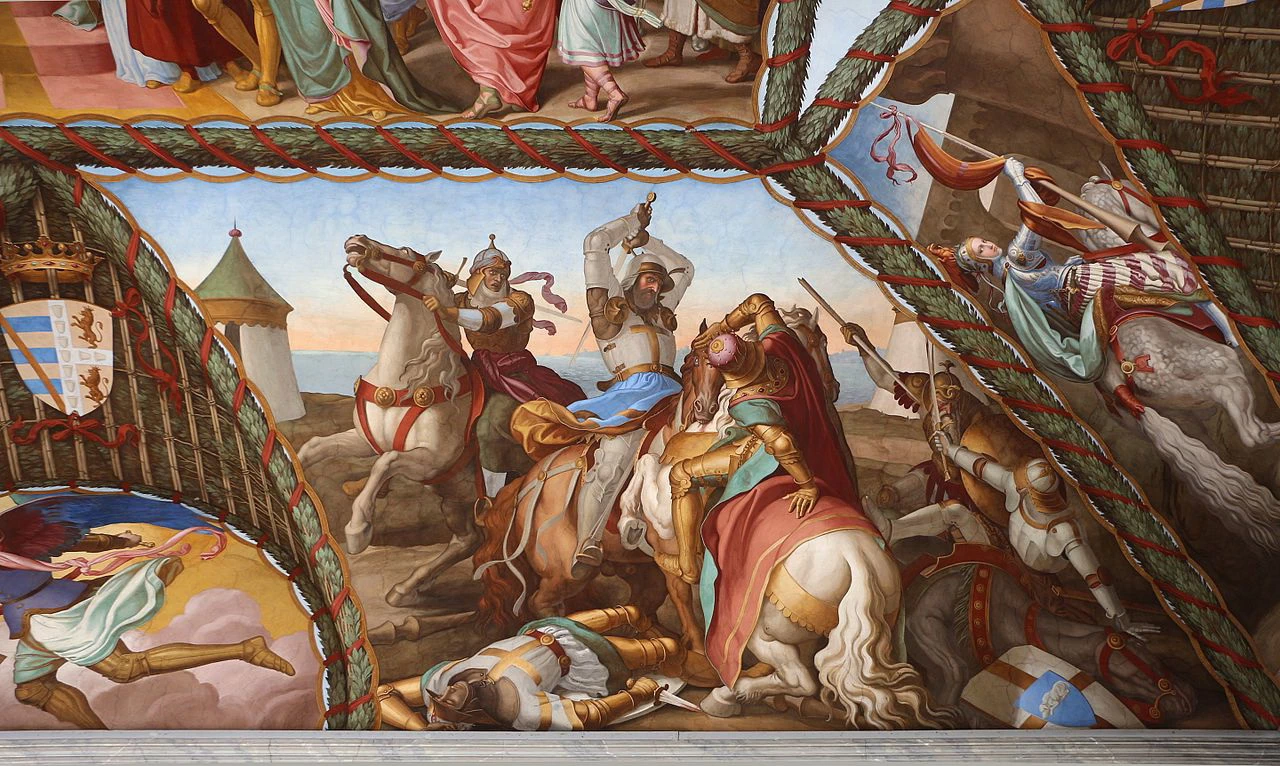 Affreschi di casa Massimo - scena di duello, Stanza di Ariosto, Villa Giustiniani Massimo, Roma